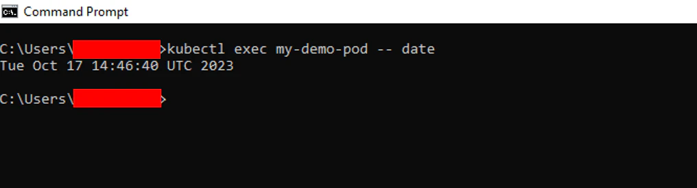 Terminal output showing kubectl exec running date command inside my-demo-pod