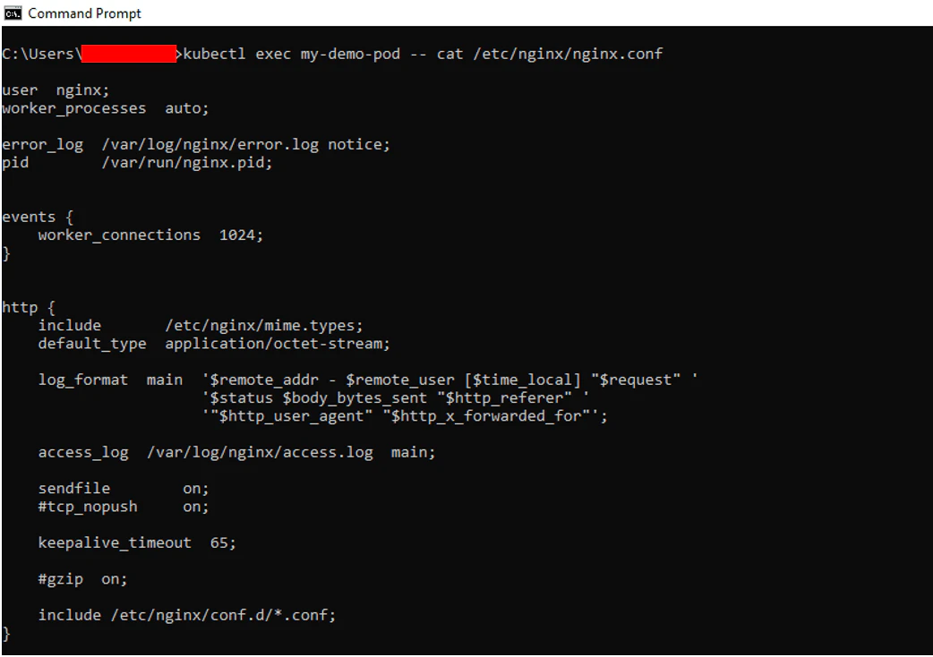 Viewing nginx configuration file content using kubectl exec cat command