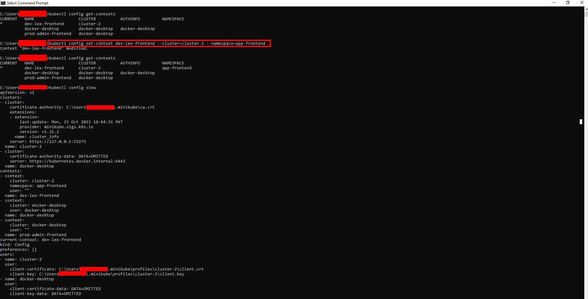 Context configuration with namespace app-frontend specified for dev-lex-frontend