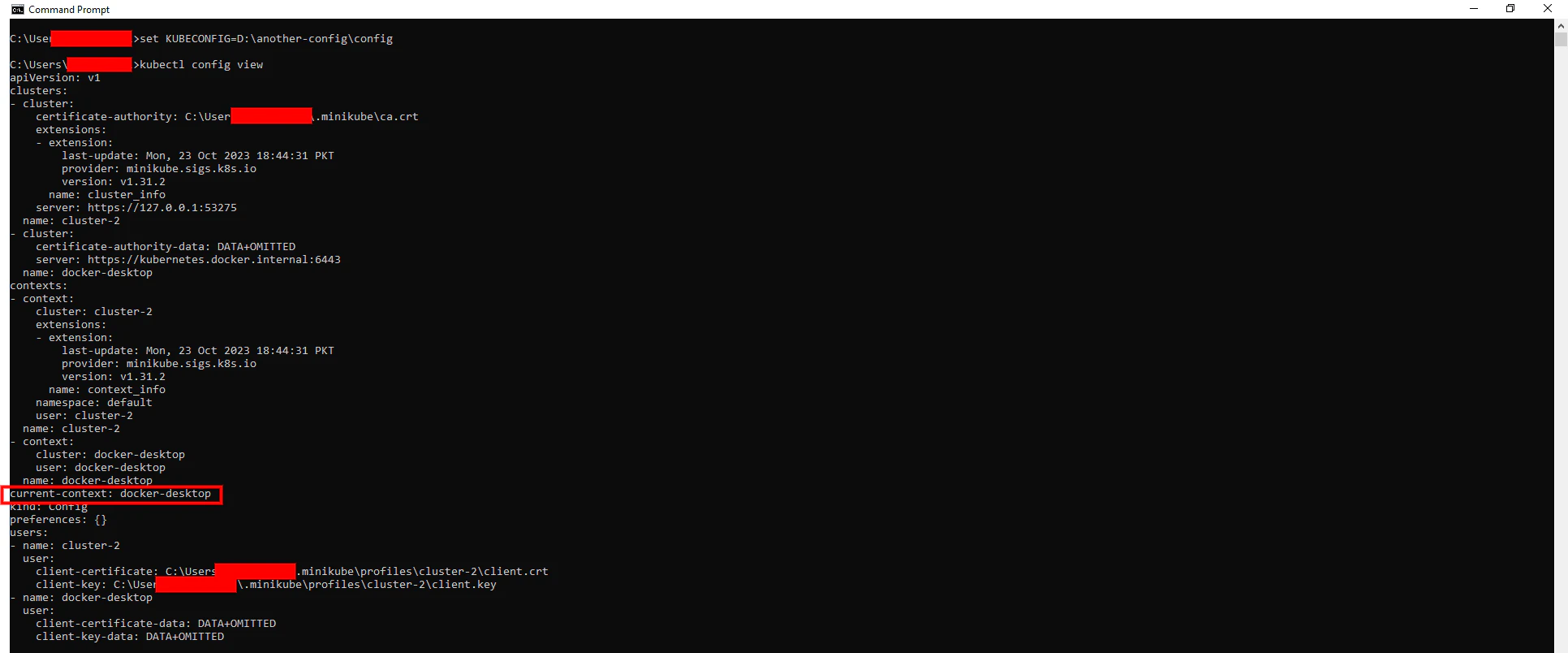 Configuration switched to docker-desktop using KUBECONFIG environment variable
