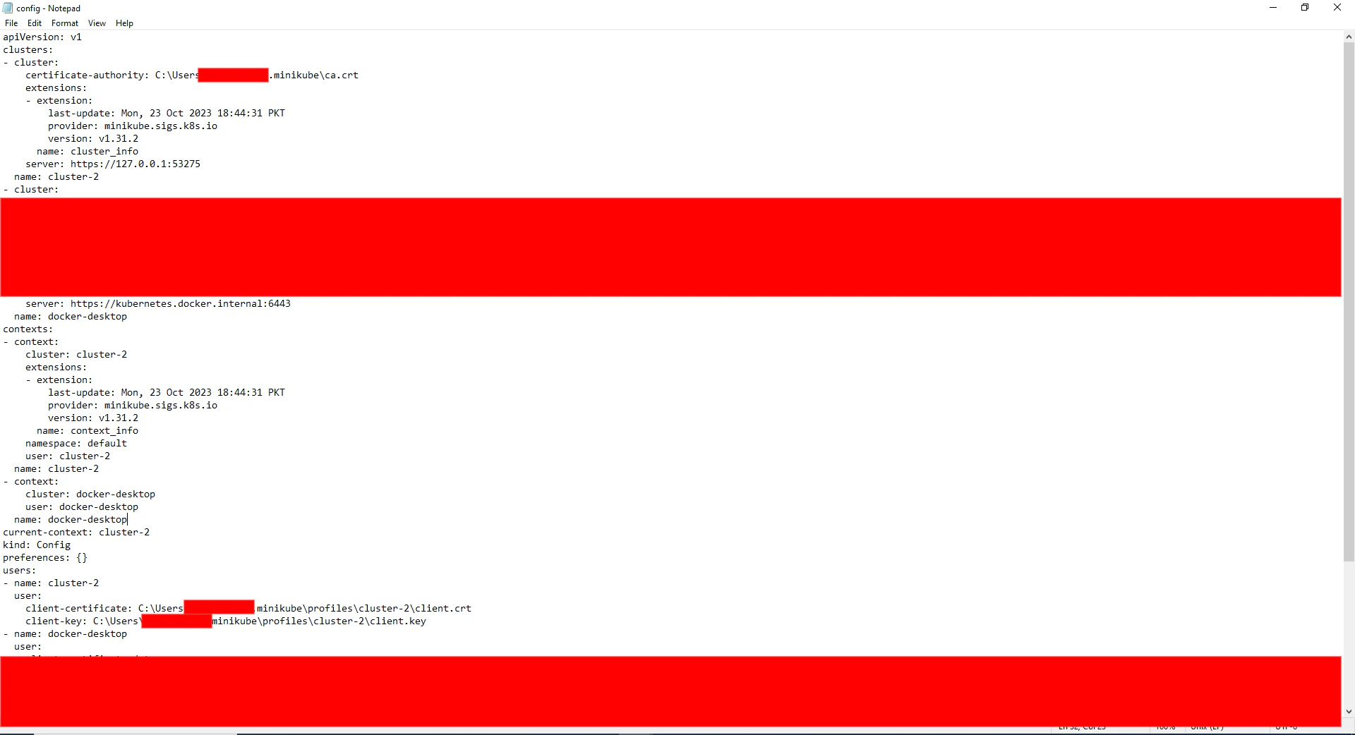 Default kubeconfig file showing clusters, contexts, and users configuration