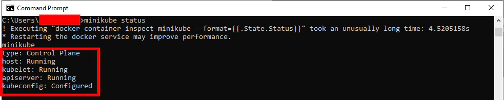 Minikube status showing control plane, kubelet, and apiserver running