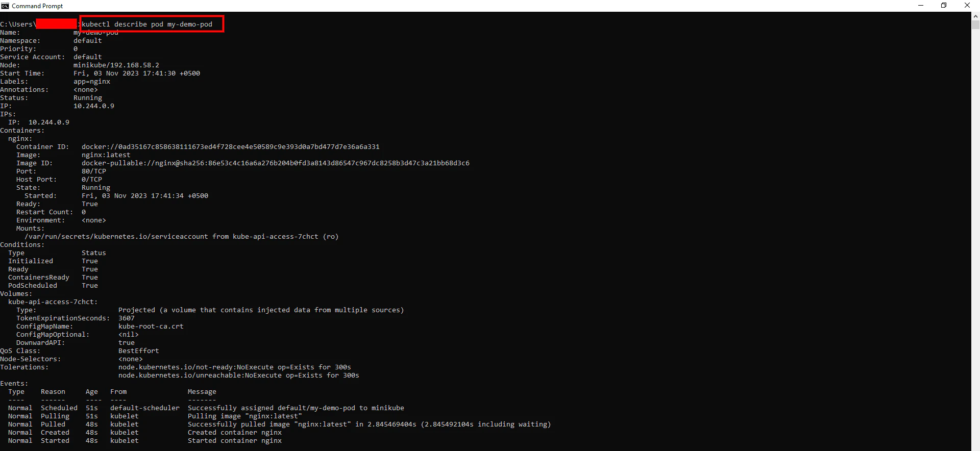 Detailed pod description showing status, containers, and events for my-demo-pod