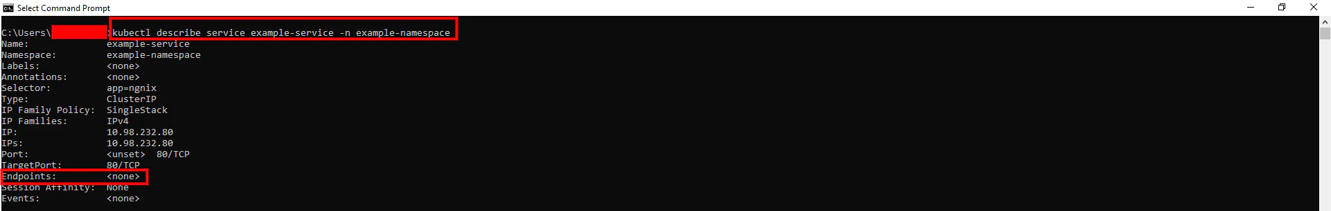 Service description showing no endpoints, indicating service cannot reach pods