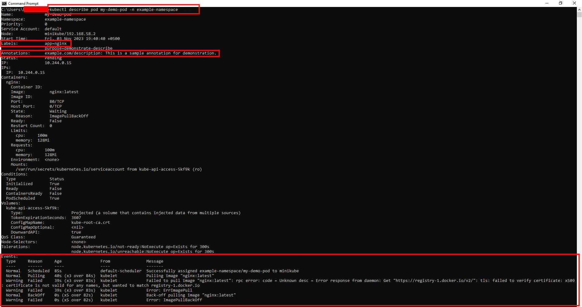 Kubectl describe output highlighting Events, Annotations, and Labels sections