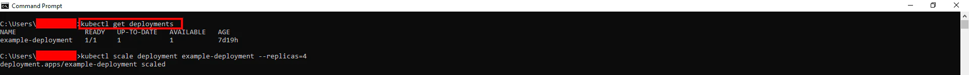 Scaling example-deployment to 4 replicas using kubectl scale