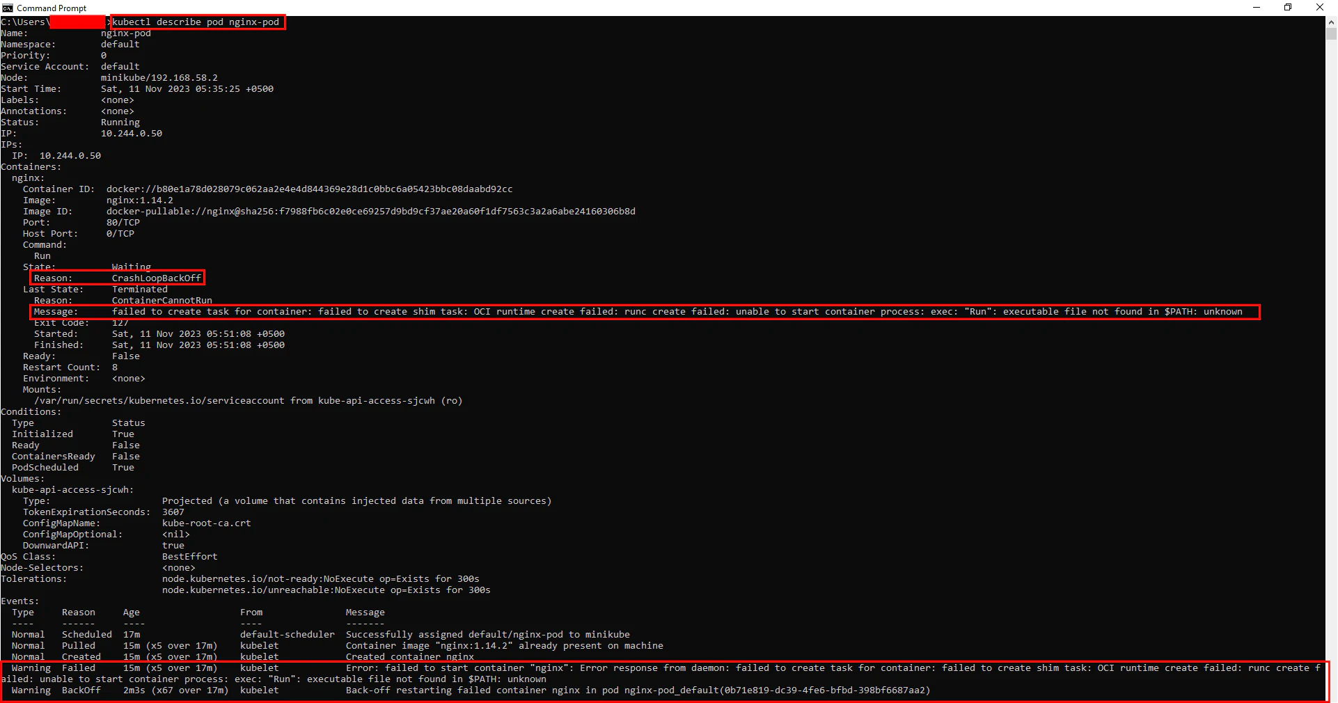 Kubectl describe output showing Backoff, Failed, and CrashLoopBackOff events with failed Run command