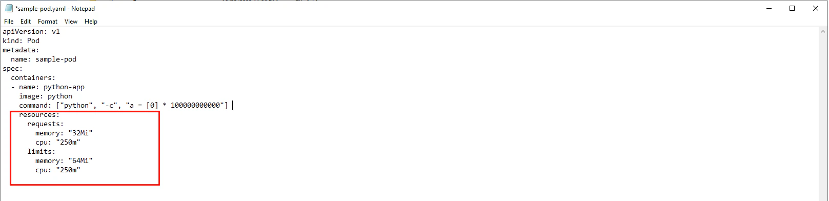 Pod configuration highlighting memory requests and limits settings