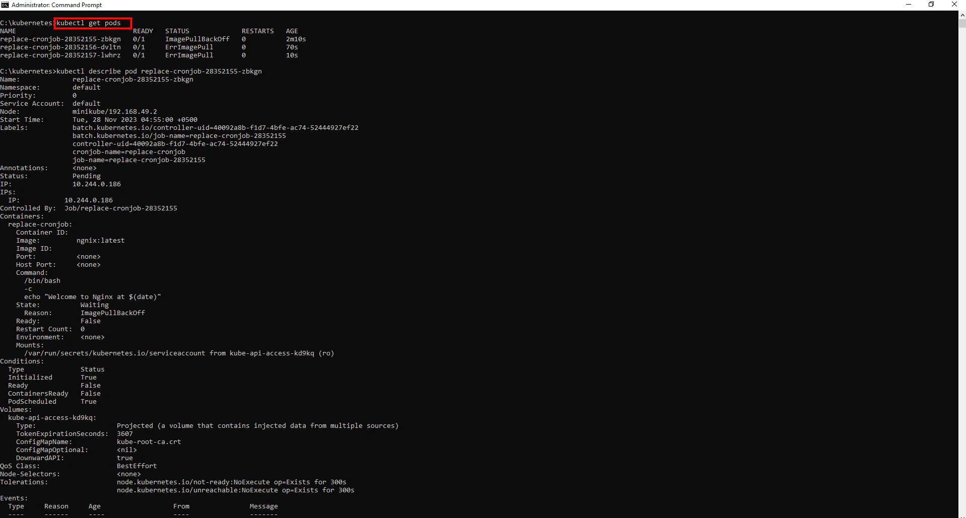kubectl describe pod output with image pull error
