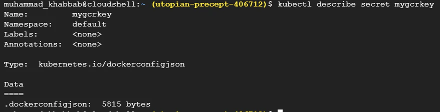 kubectl get secrets showing myregistrykey in the namespace