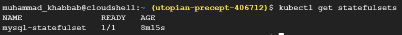 kubectl get statefulsets output showing mysql statefulset status