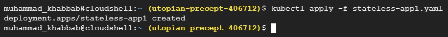kubectl apply output creating stateless-app1 deployment
