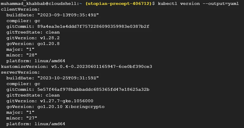 GCP Cloud Shell showing kubectl client version details