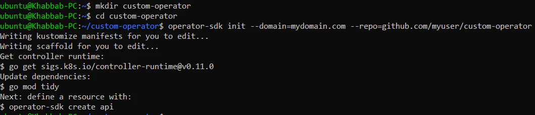 operator-sdk init output creating a new operator project