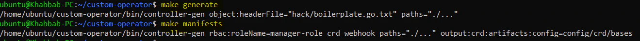 make generate and make manifests output for CRD and RBAC files
