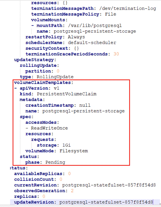 PostgreSQL StatefulSet PVC and volumeMounts configuration example