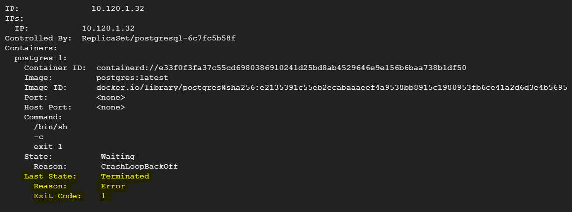 Pod events showing errors that led to exit code 1