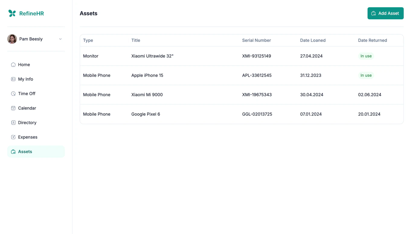Employee assets list with assigned equipment