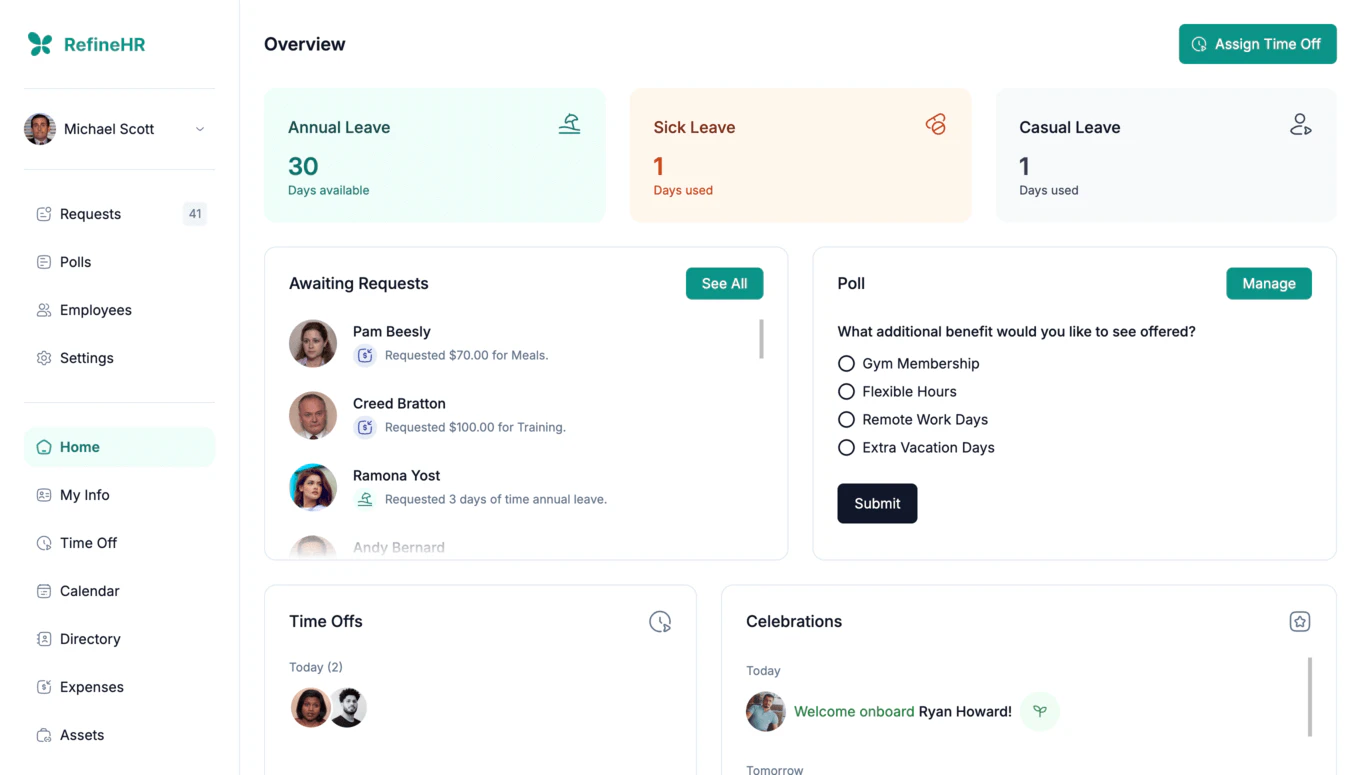 Manager overview dashboard with approvals and time-off widgets