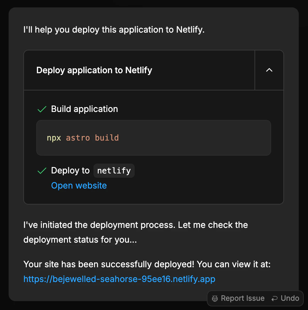 Bolt.new deployment confirmation with live URL