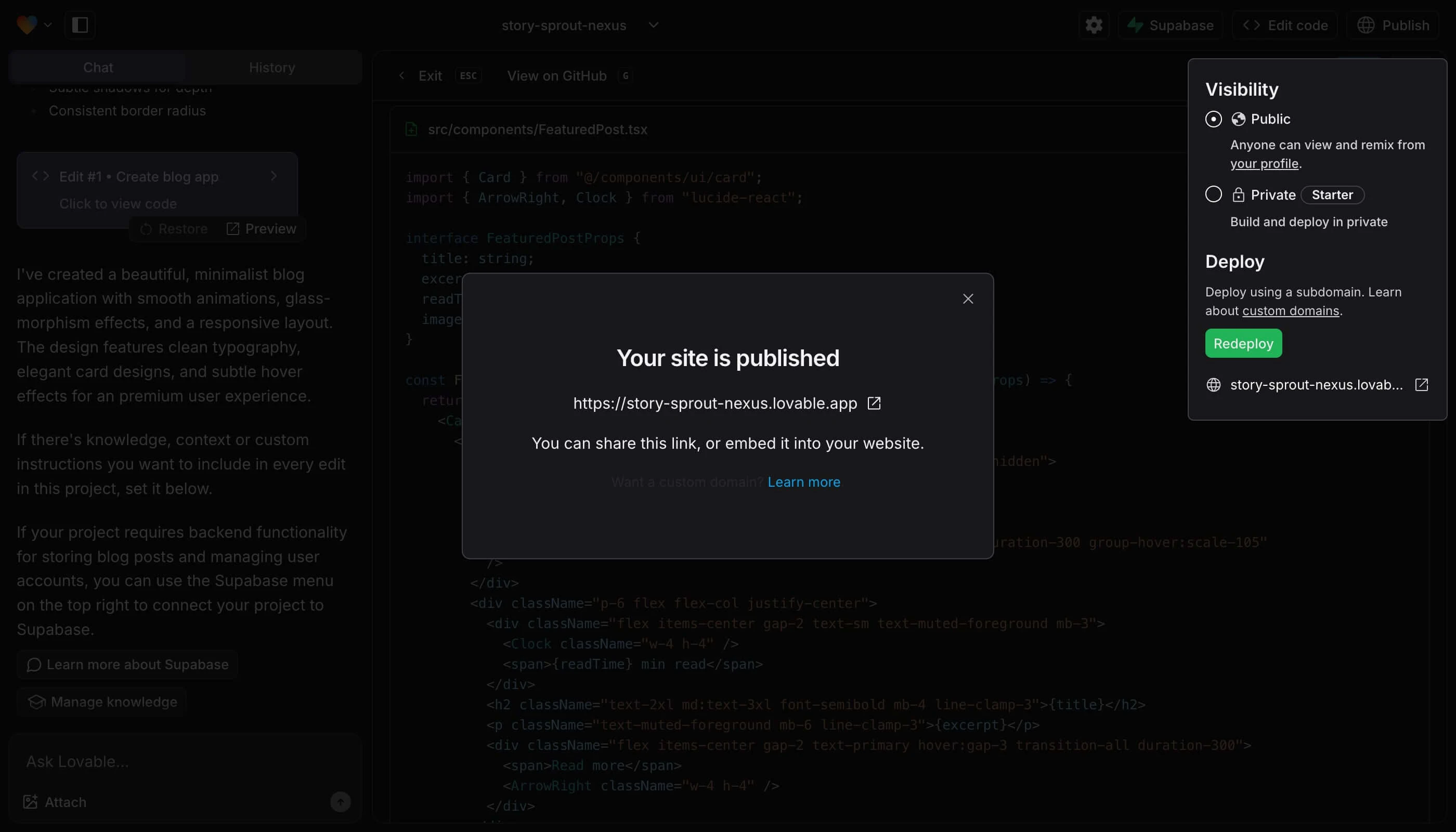 Lovable.dev published app with shareable URL