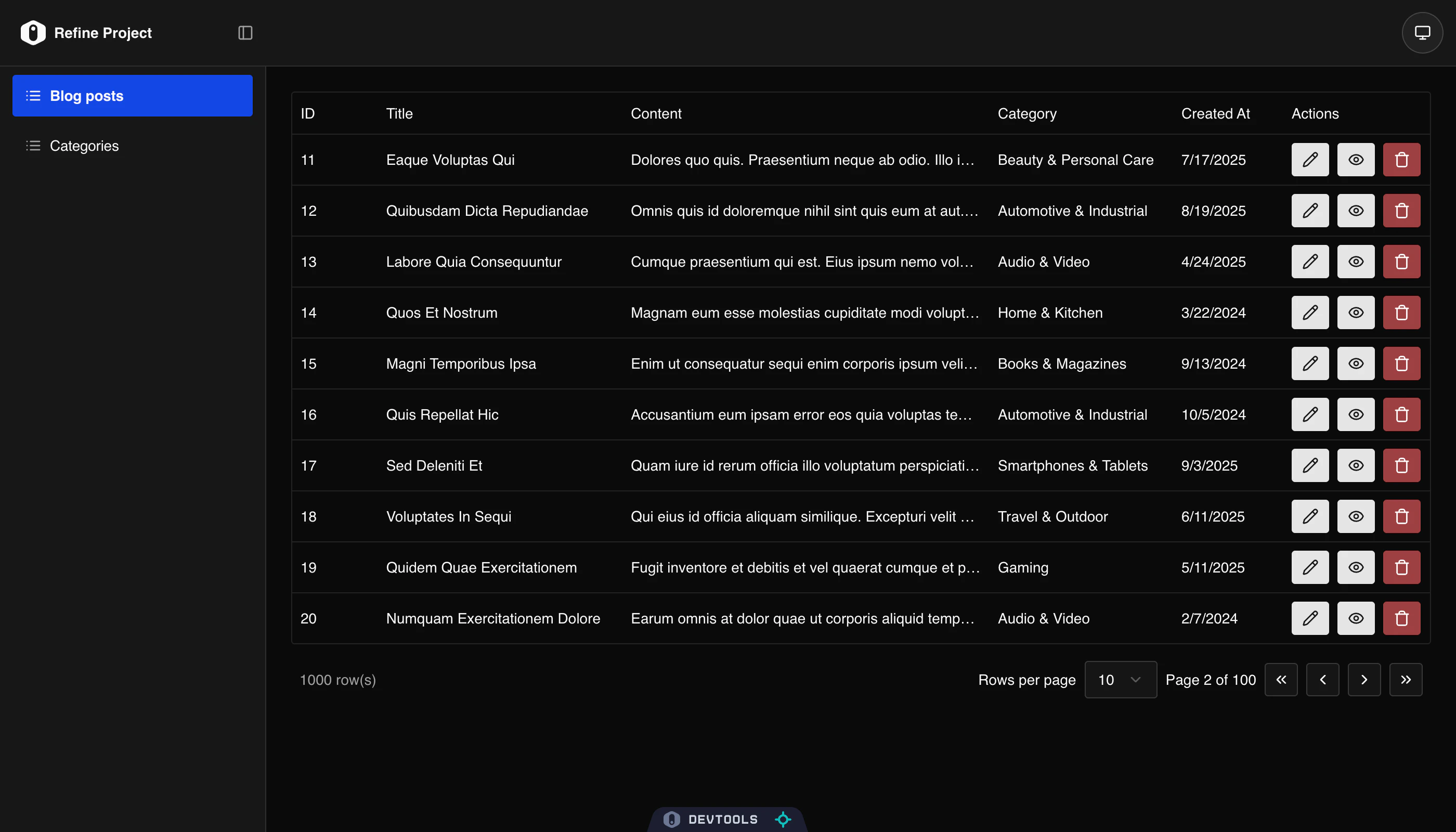Blog posts list page with data table
