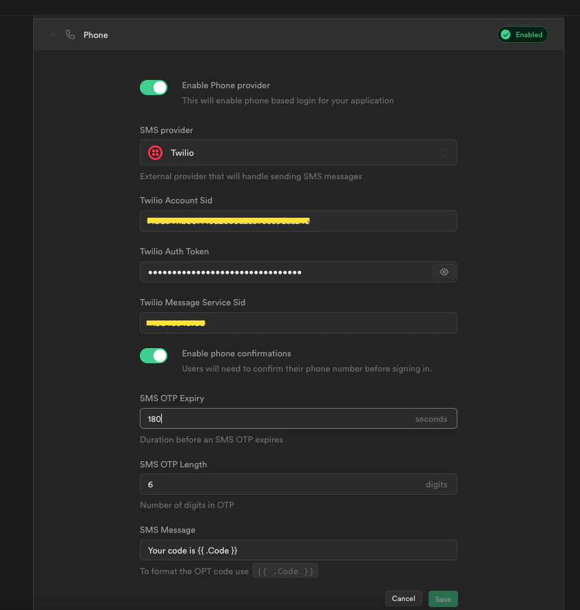 Supabase authentication settings