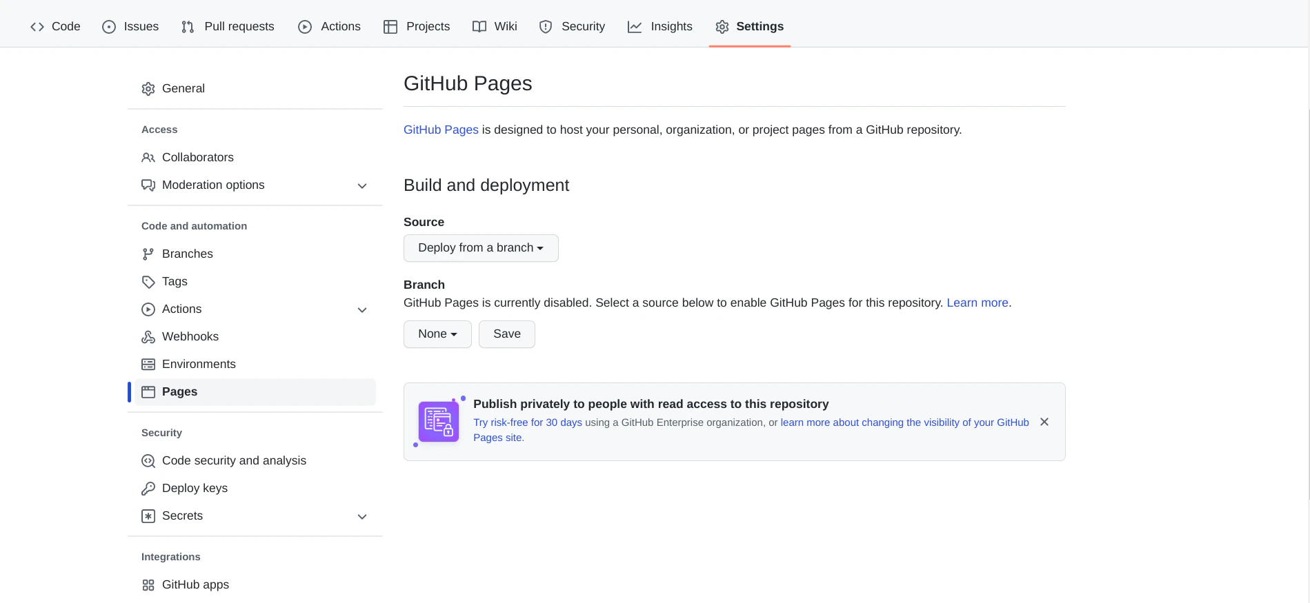 GitHub Pages settings screen