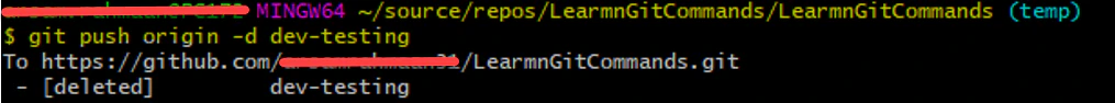 Terminal output for deleting a remote Git branch