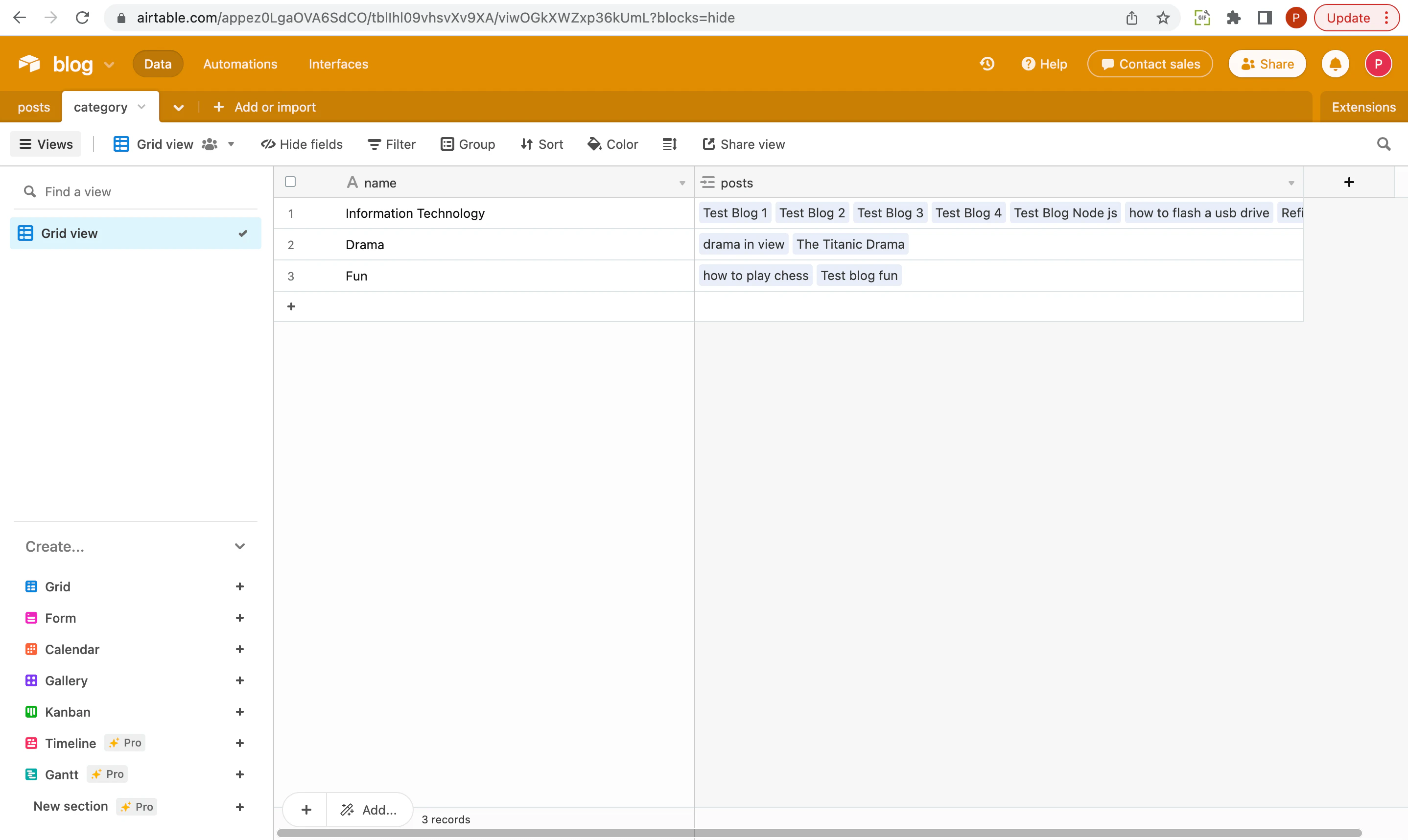 Create categories table