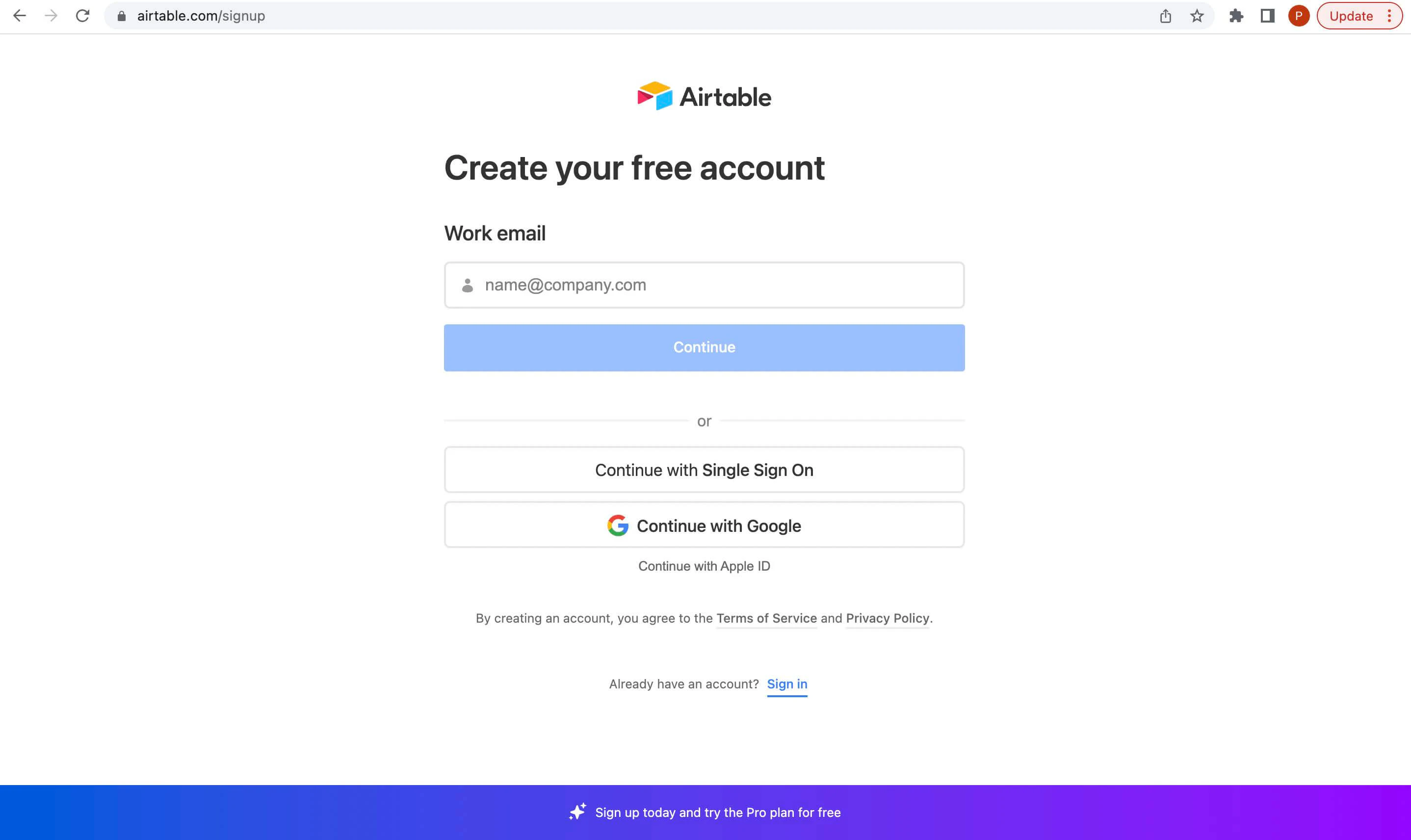 Airtable sign-up screen