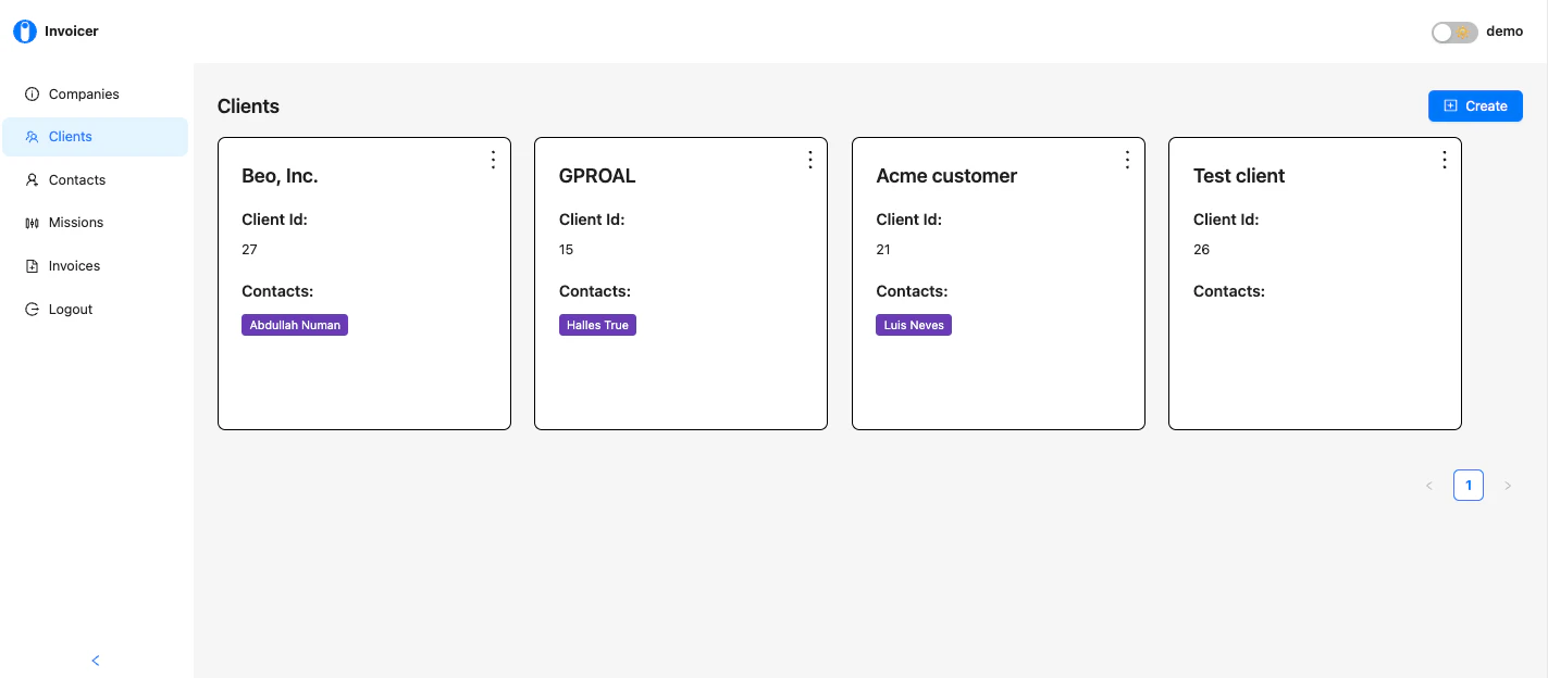 Clients list view in the invoice app