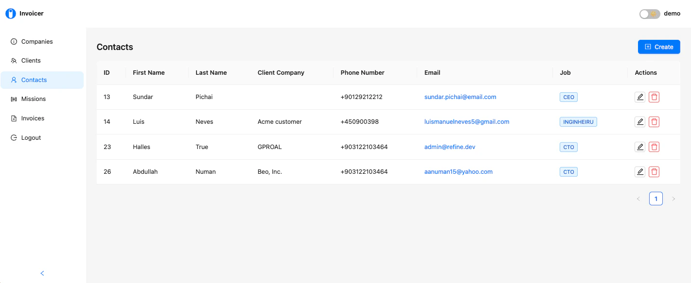 Contacts list view in the invoice app