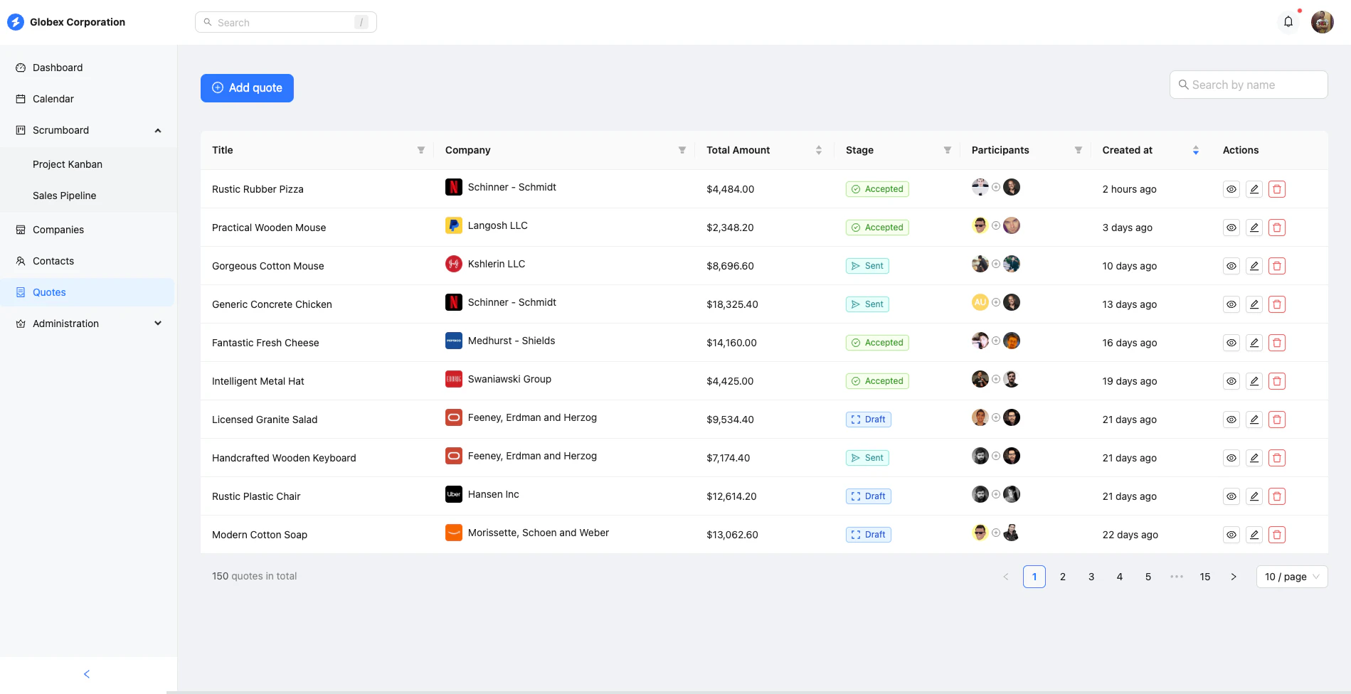 Quotes management interface showing quote creation and tracking