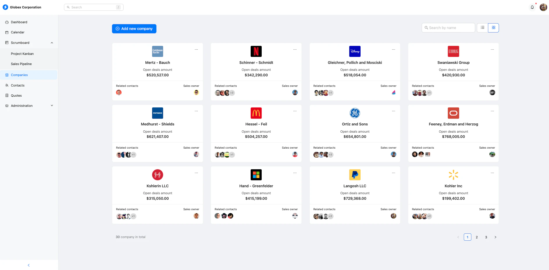Companies list view showing company profiles with contact details and history