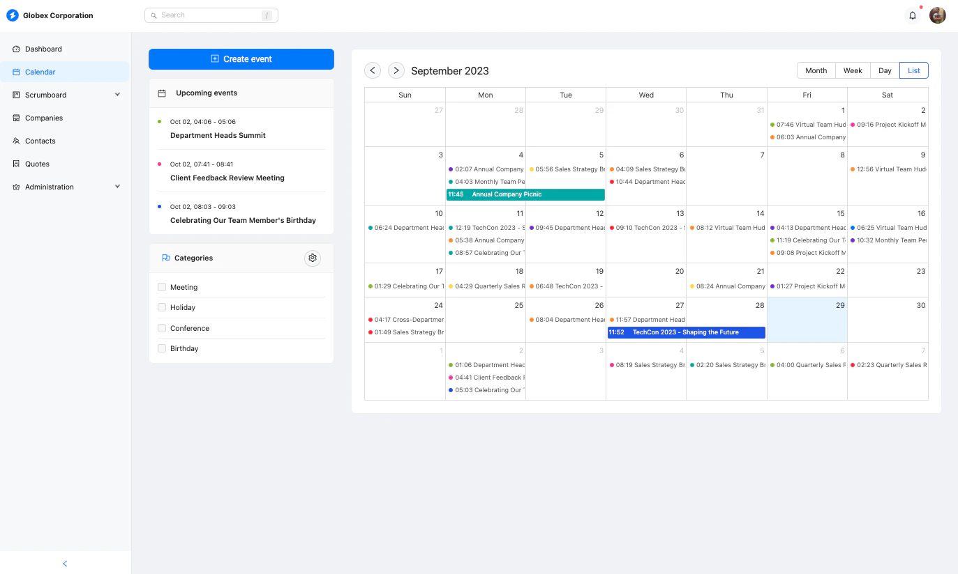 Calendar view displaying scheduled appointments, meetings, and events