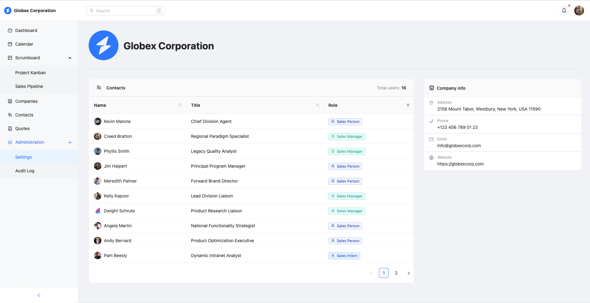 Administration panel with user roles, permissions, and system configuration