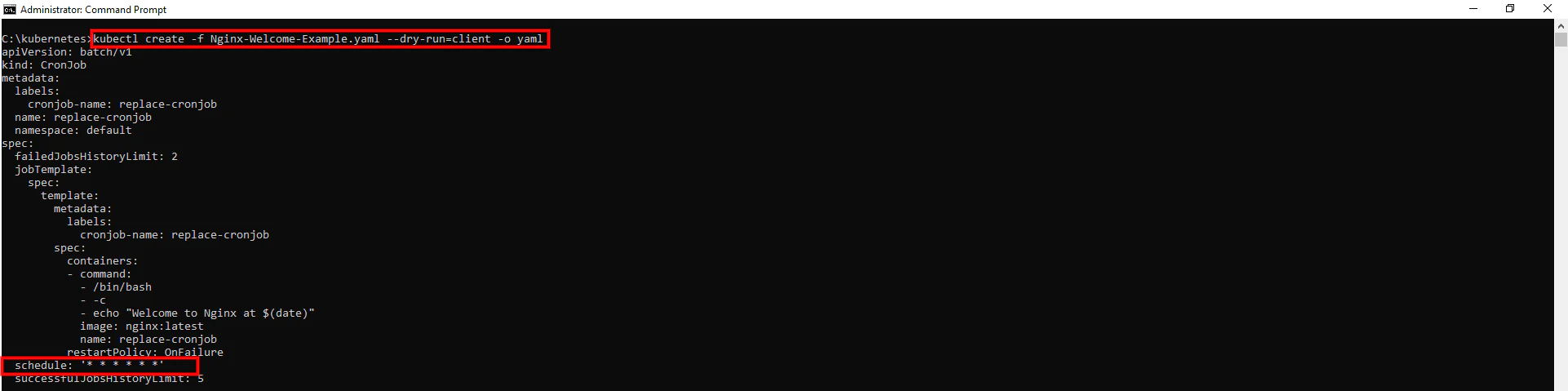 kubectl create --dry-run output for CronJob