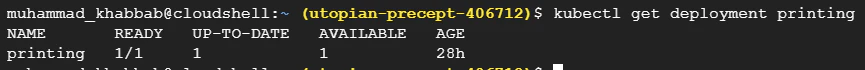 kubectl get deployment output showing printing deployment with 1 available replica