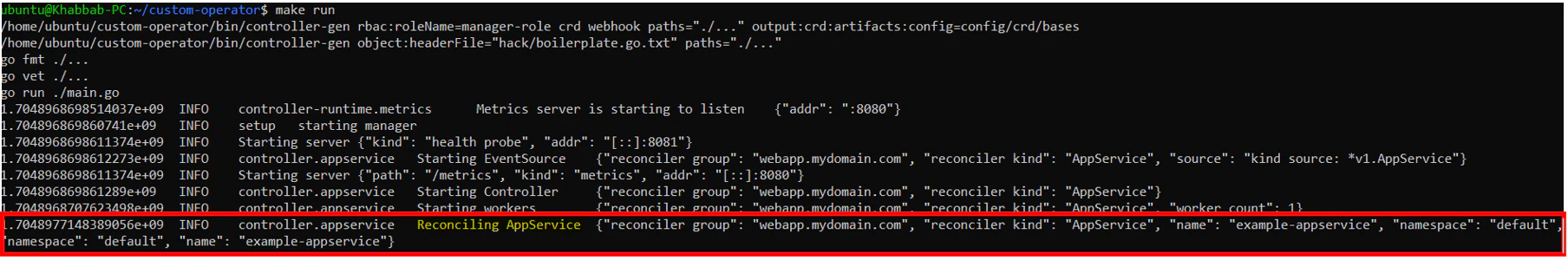 Operator logs showing successful reconciliation