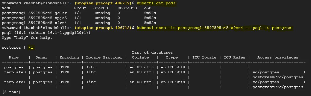 psql session output listing databases after kubectl exec