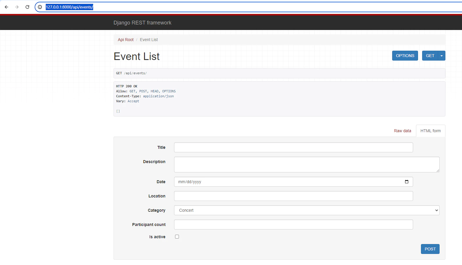 Snapshot of Django REST Framework Interface