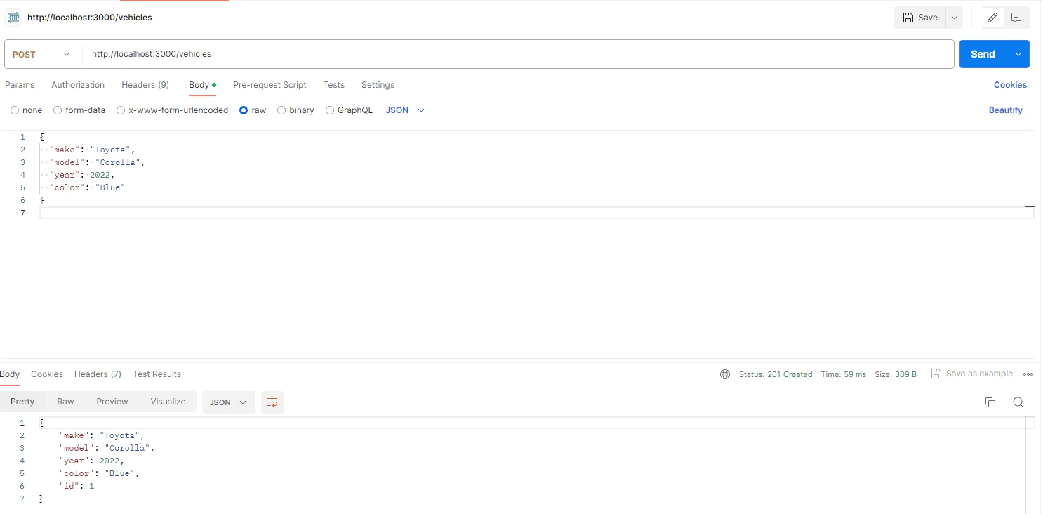 Snapshot of getting the list of inserted vehicle item into the database through GET API call