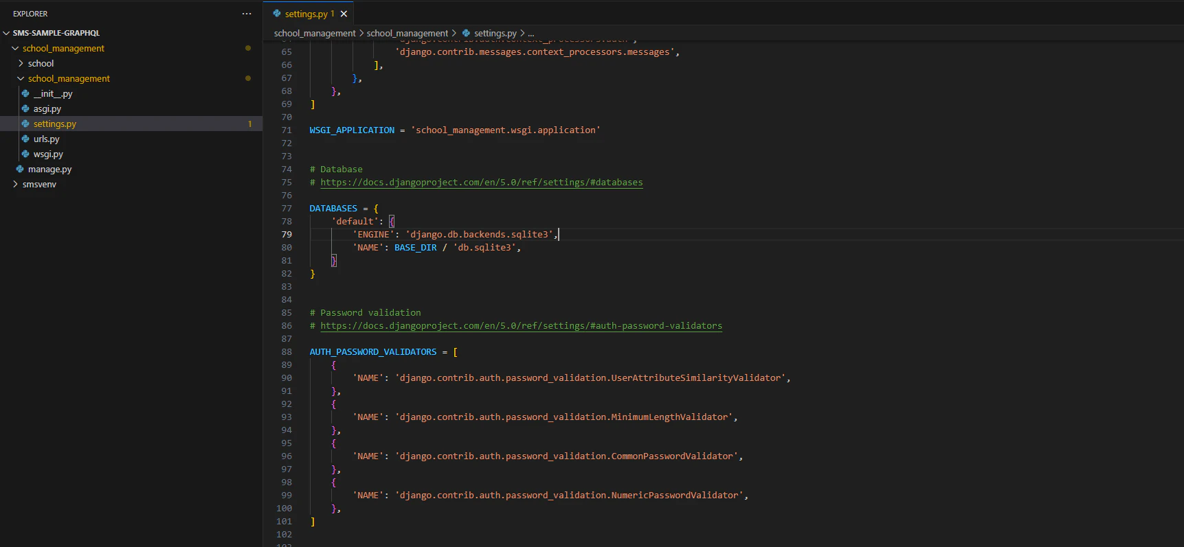 Snapshot of default sqlite configuration in django