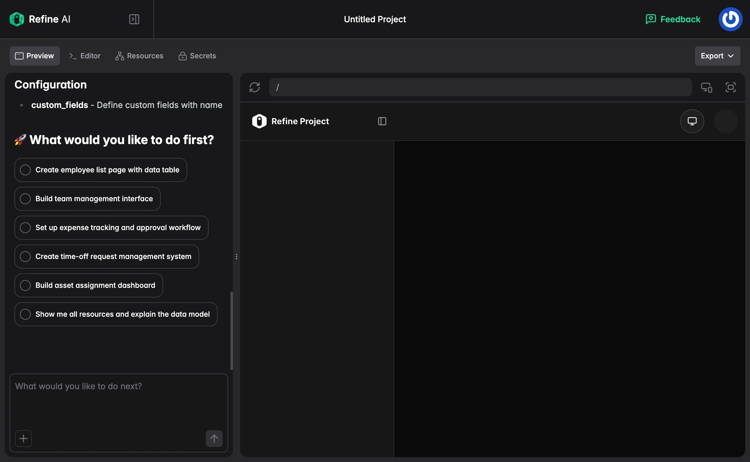 Refine project start screen