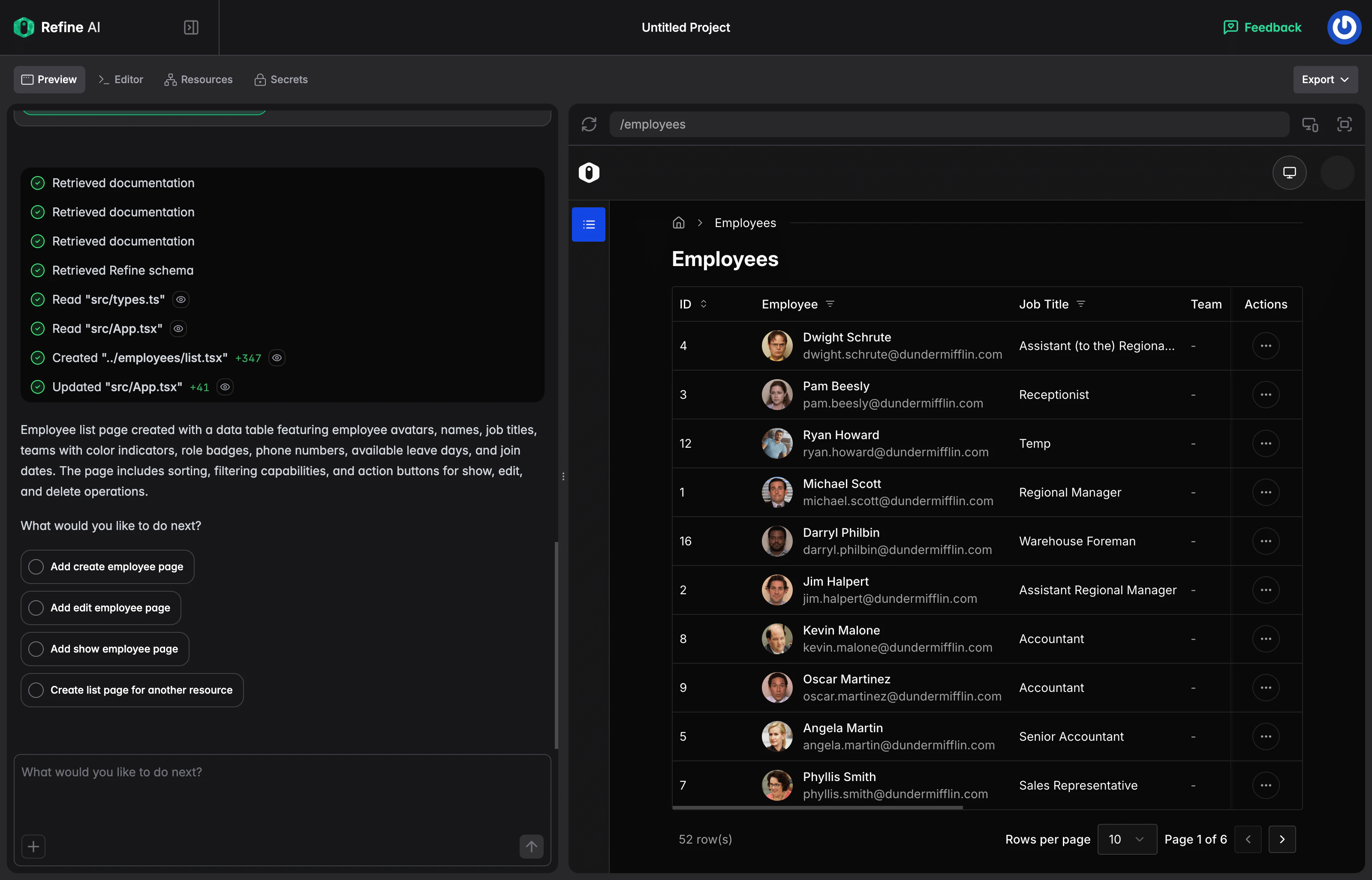 Generated Employee list page